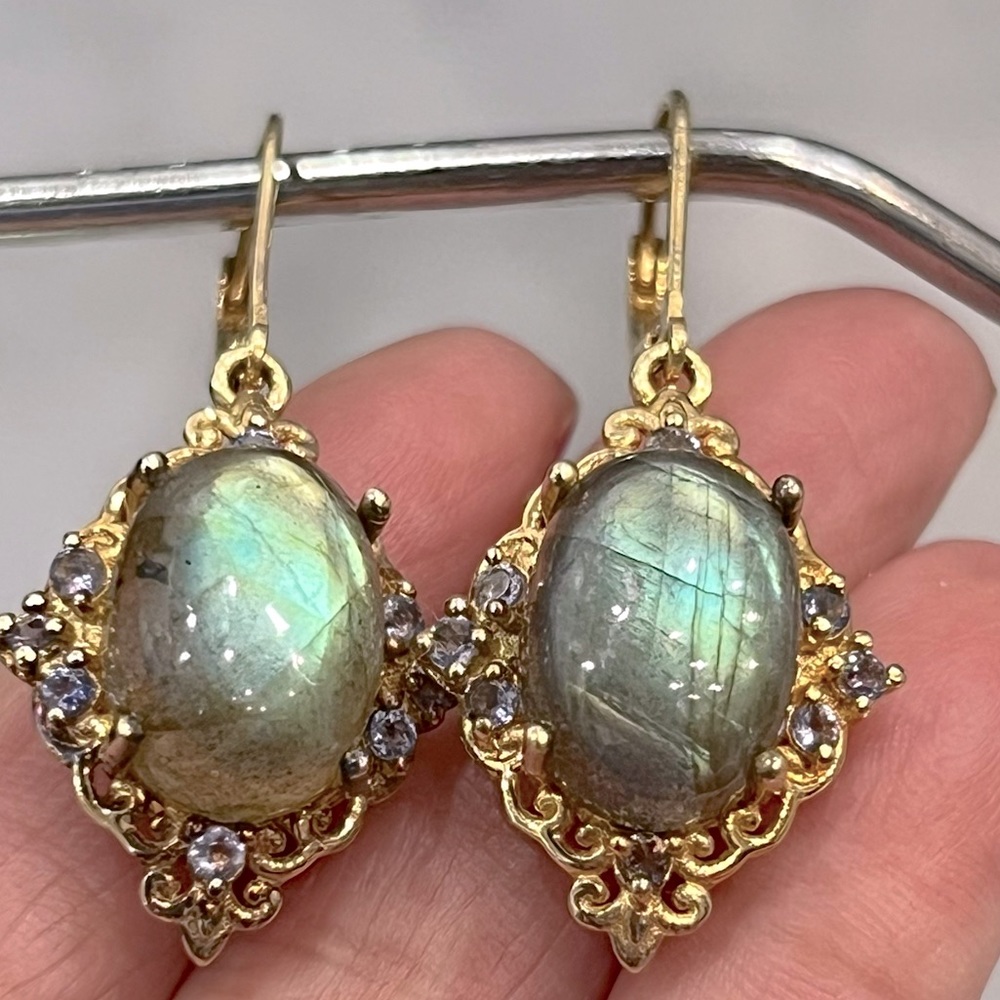 Malagasy Labradorite Catalina Iolite YG Sterling Silver Lever Back Earri… - Picture 7 of 15